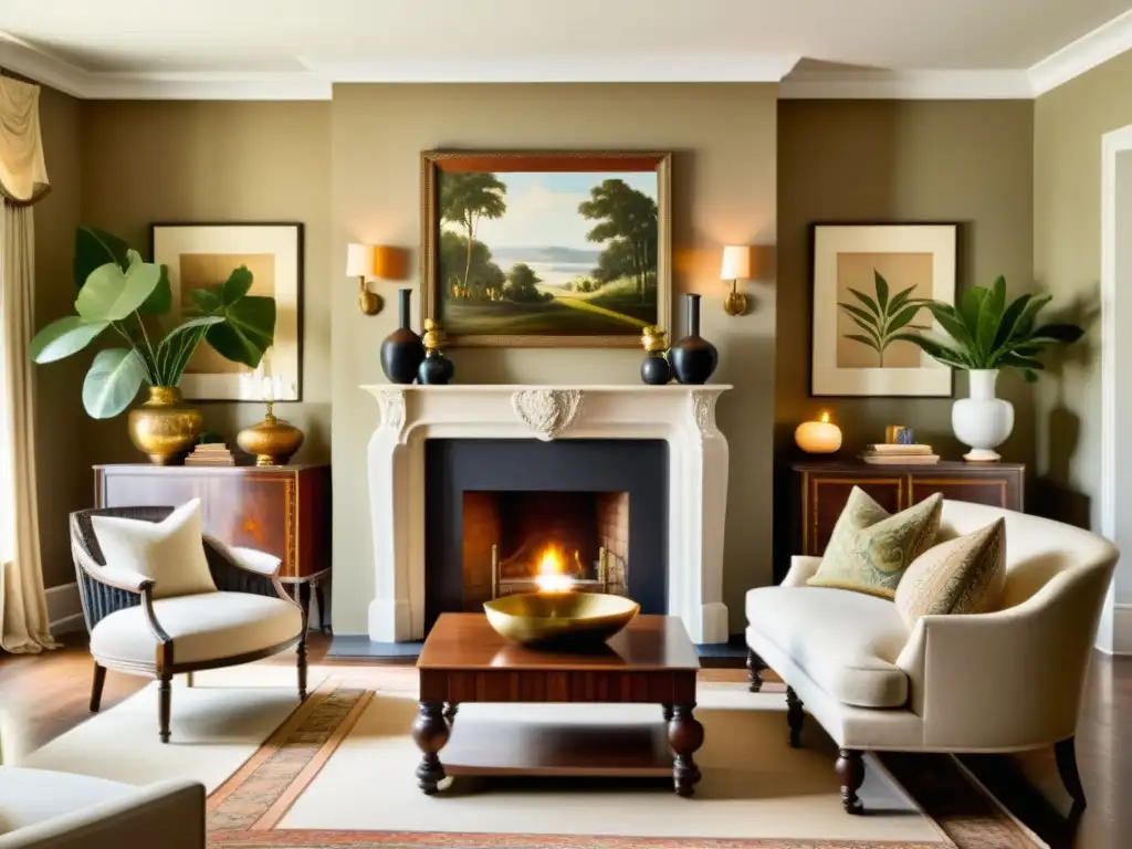 Acogedor salón colonial con muebles de madera, chimenea, alfombras de patrones intrincados y decoración tradicional