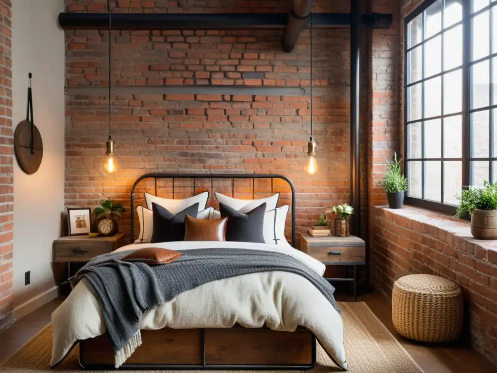 Acogedor dormitorio con paredes de ladrillo a la vista, cama de metal vintage, luces colgantes de estilo industrial y una cómoda de madera desgastada