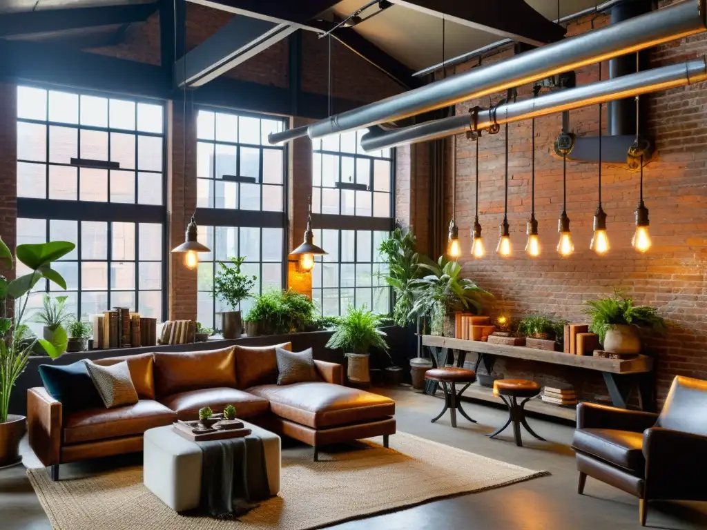 Acogedor loft industrial con decoración de interiores estilo revolución industrial modernidad, muebles de cuero vintage, y detalles de metal