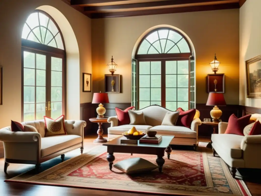 Acogedor interior colonial revivido con elementos clave: muebles de madera elegante, tonos cálidos y decoración tradicional