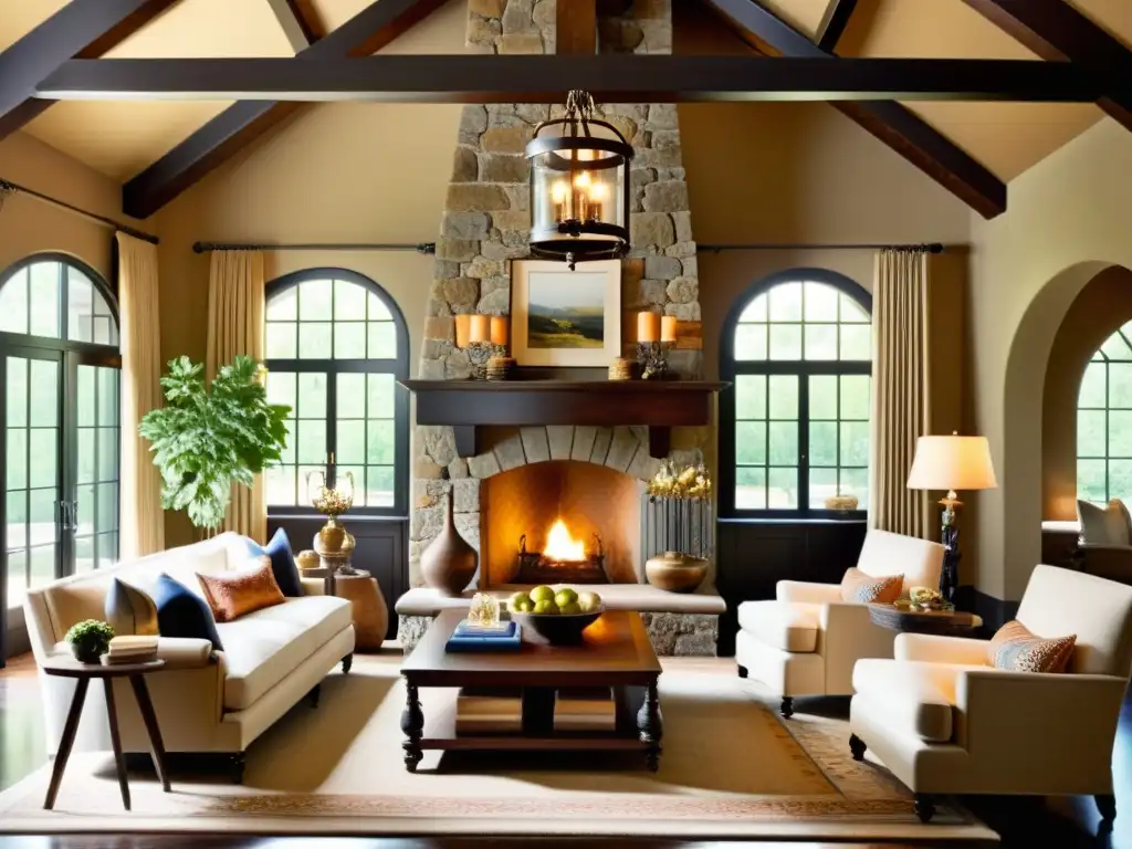 Acogedor salón colonial revivido con muebles lujosos en tonos profundos, iluminado por candelabros de hierro forjado