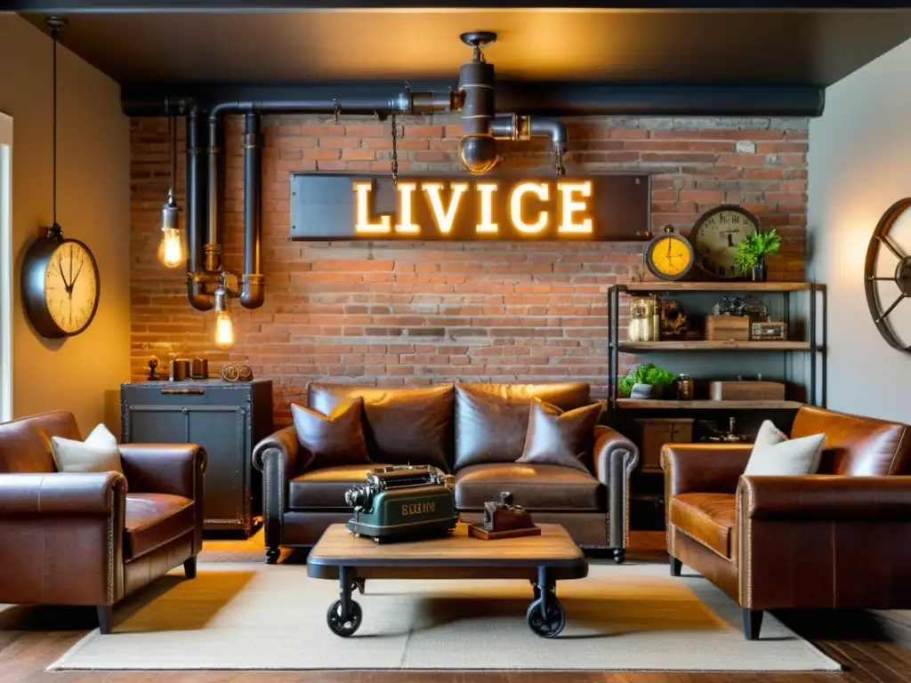 Acogedor salón estilo industrial chic con muebles de cuero envejecido, ladrillos expuestos y accesorios vintage