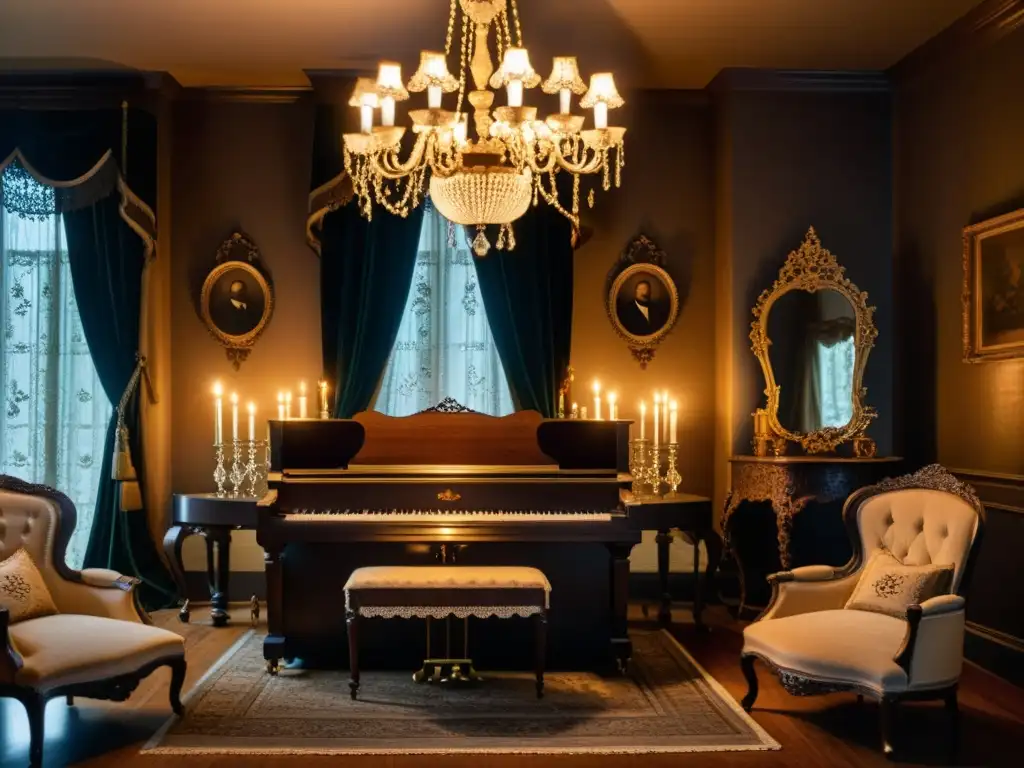 Acogedor salón de estilo vintage con muebles ornamentados victorianos, cortinas de terciopelo, y una chimenea crepitante