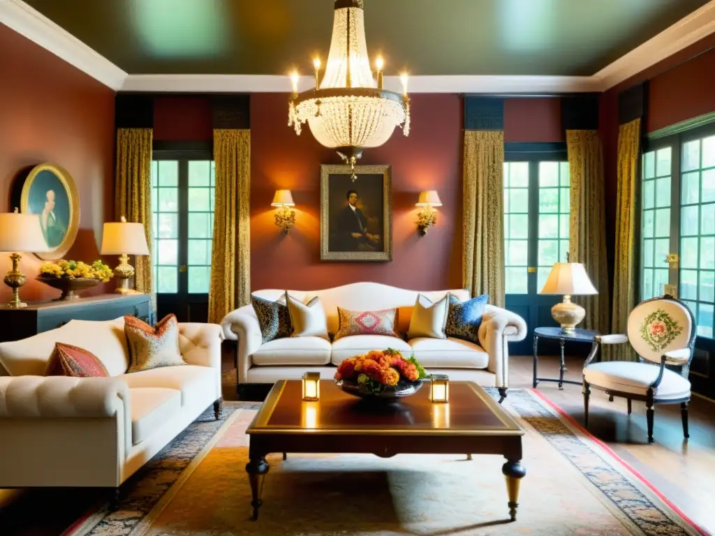 Acogedor salón vintage con elementos clave de interior colonial revivido: mesa de café de madera, sofá floral y lámparas de piso de latón antiguo, pinturas y tapices tradicionales en las paredes, y una gran alfombra persa en el suelo de madera