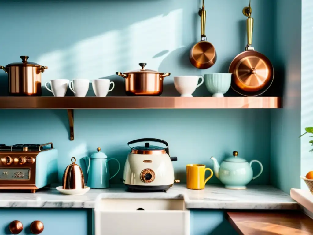 Acogedora cocina vintage con toques de cobre, máquina de café retro y radio antigua en la ventana