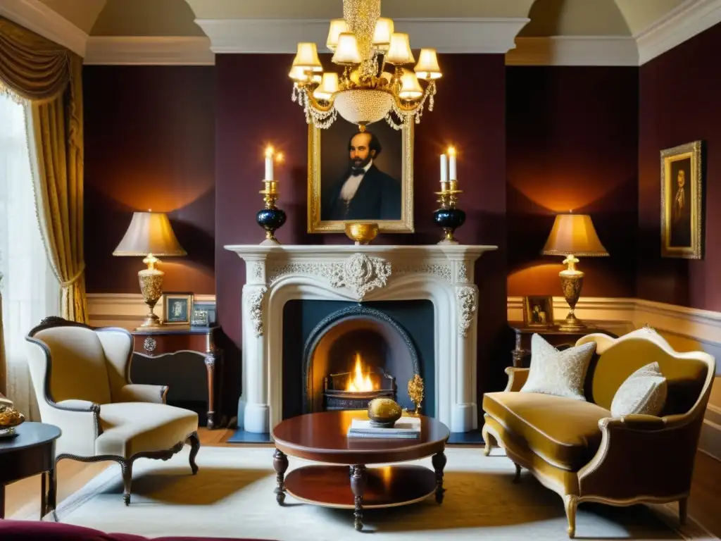 Acogedora sala de estar del siglo XIX, lujosa y elegante, con mobiliario de caoba y detalles ornamentados