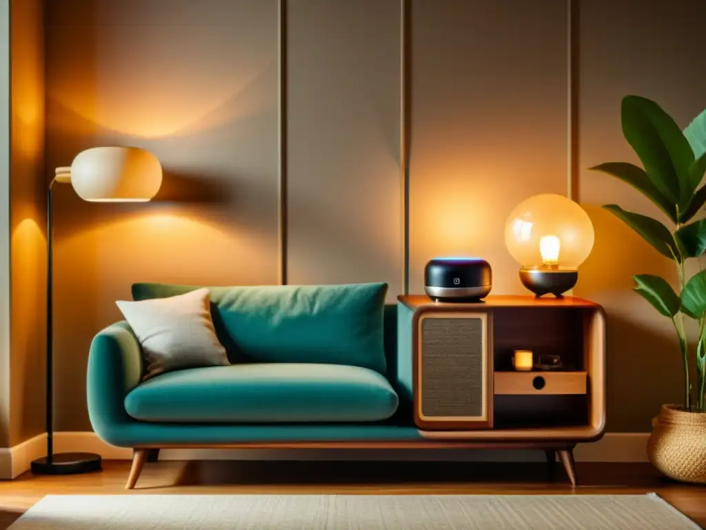 Salón acogedor con tecnología retro inteligente Acogedora sala vintage con integración tecnología hogares inteligentes en ambiente cálido y retro-moderno
