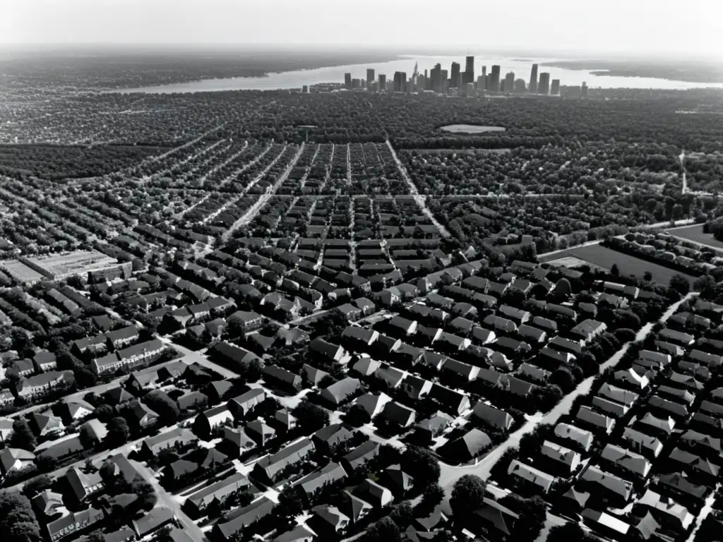 Una fotografía aérea en blanco y negro de una bulliciosa ciudad rodeada de extensos suburbios