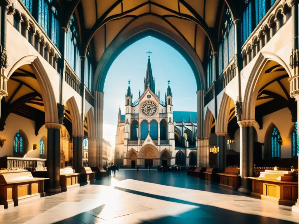 Una fotografía vintage en alta resolución de una catedral medieval destacando las influencias religiosas en la arquitectura civil