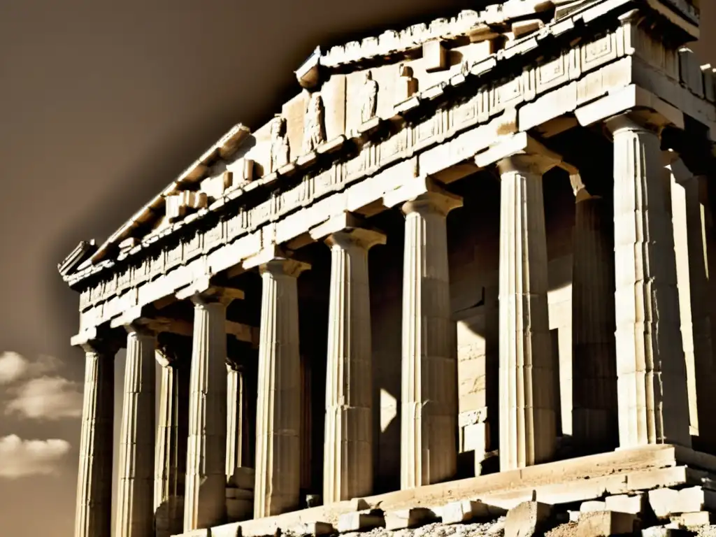 Fotografía vintage en alta resolución del Partenón, resaltando los detalles de las columnas dóricas y la textura envejecida del mármol antiguo