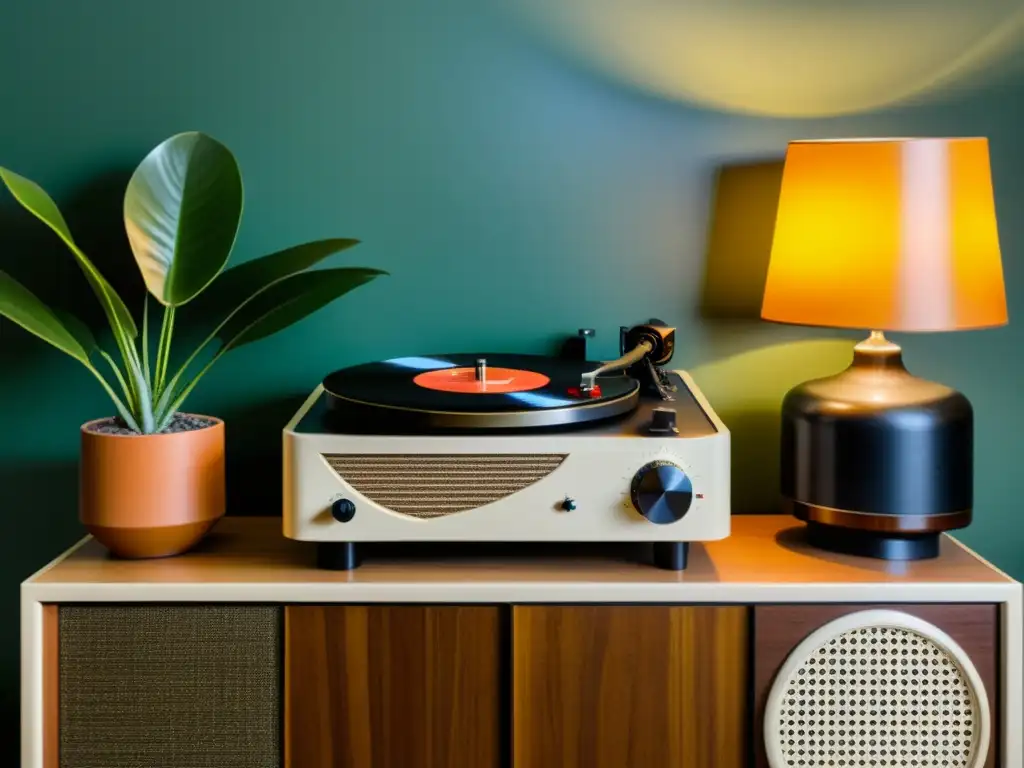 Altavoces inteligentes en diseño interior: Un tocadiscos antiguo rodeado de plantas y discos de vinilo, en un ambiente cálido y nostálgico