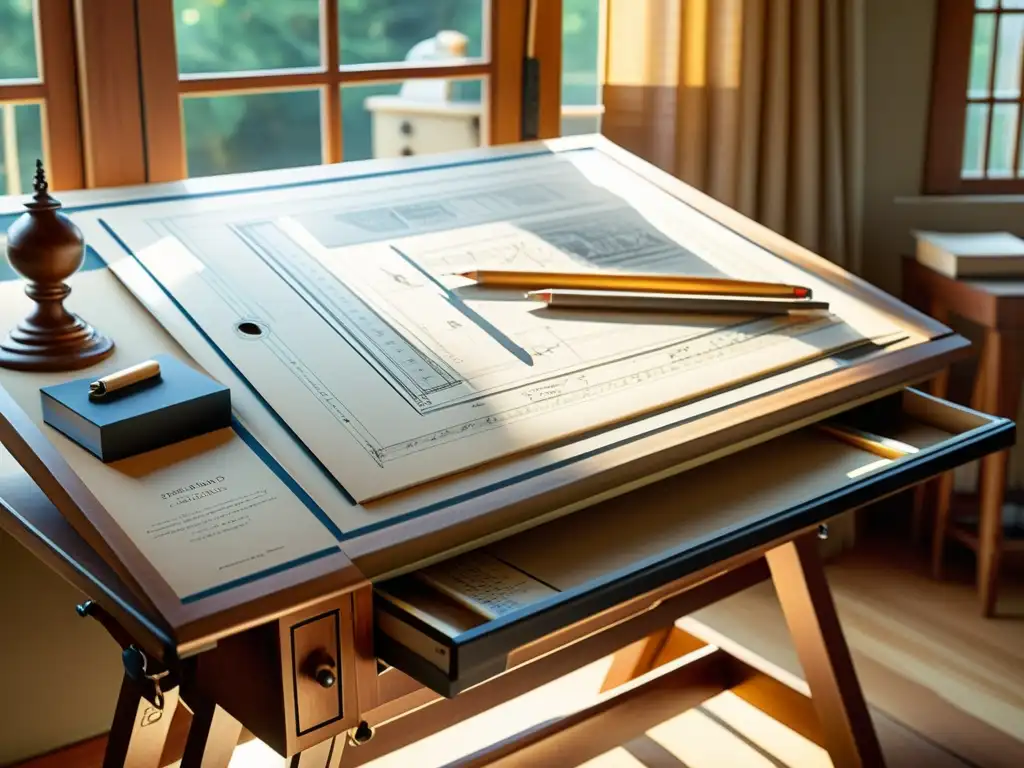 Un ambiente nostálgico y artístico de arquitectura con mesa de dibujo clásica, herramientas y modelos, iluminado por cálida luz natural