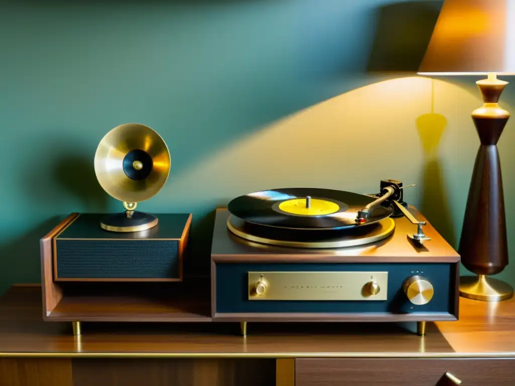 Un ambiente retro acogedor con una tocadiscos vintage y una colección de vinilos en un mueble moderno