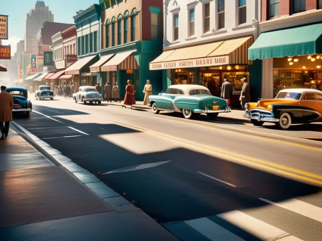 Una animada calle de la ciudad de los años 50, con coches vintage, peatones en ropa retro y escaparates antiguos