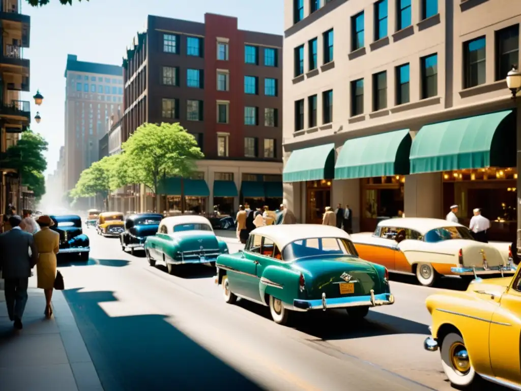 Una animada calle de la ciudad de los años 50, con autos clásicos, gente caminando en la acera y elegantes edificios