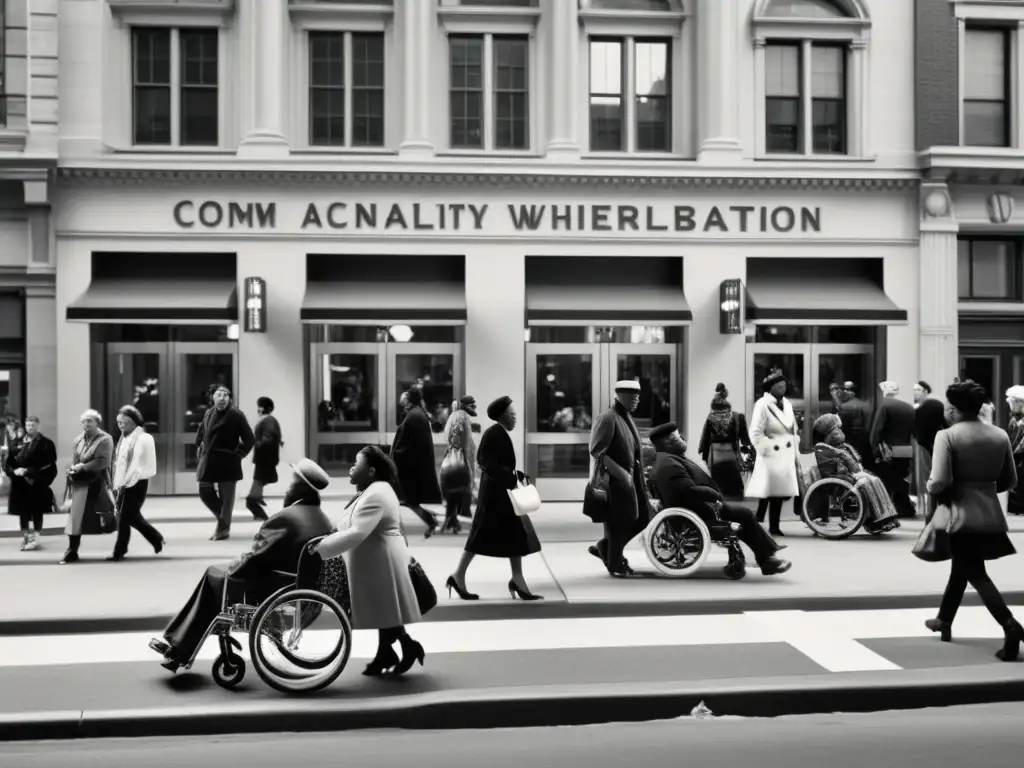 Una animada calle de la ciudad con arquitectura para rehabilitación social, personas diversas interactúan frente a un edificio accesible