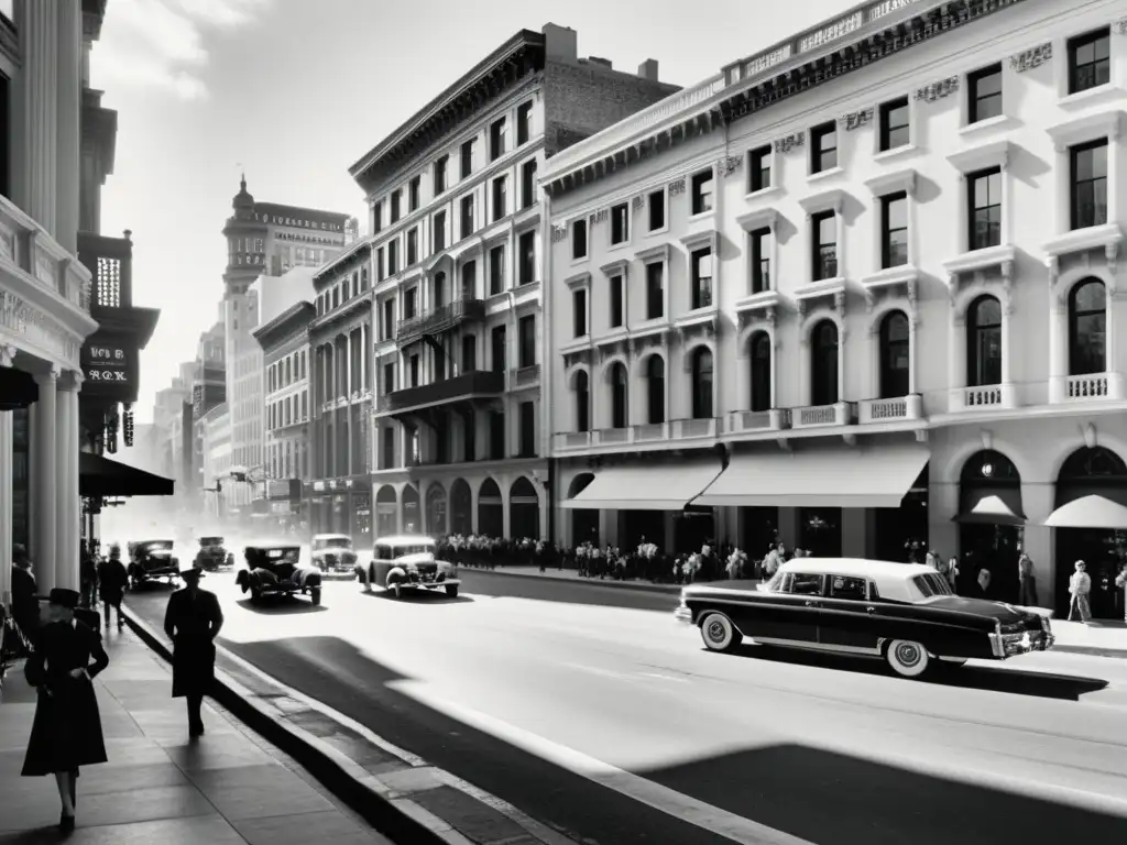 Una animada calle de la ciudad con arquitectura histórica y detalles ornamentales, contrastando lo antiguo con lo moderno