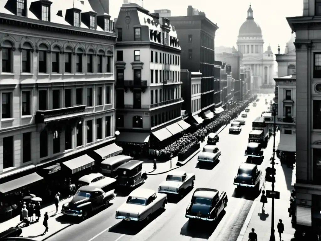 Una animada calle de la ciudad con arquitectura moderna y antigua