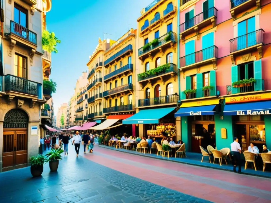 Animada calle en El Raval, Barcelona, con edificios coloridos y balcones decorados