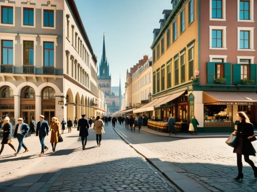 Una animada calle histórica de una ciudad satélite, donde la arquitectura única se mezcla con el bullicio de la vida diaria bajo la cálida luz del sol