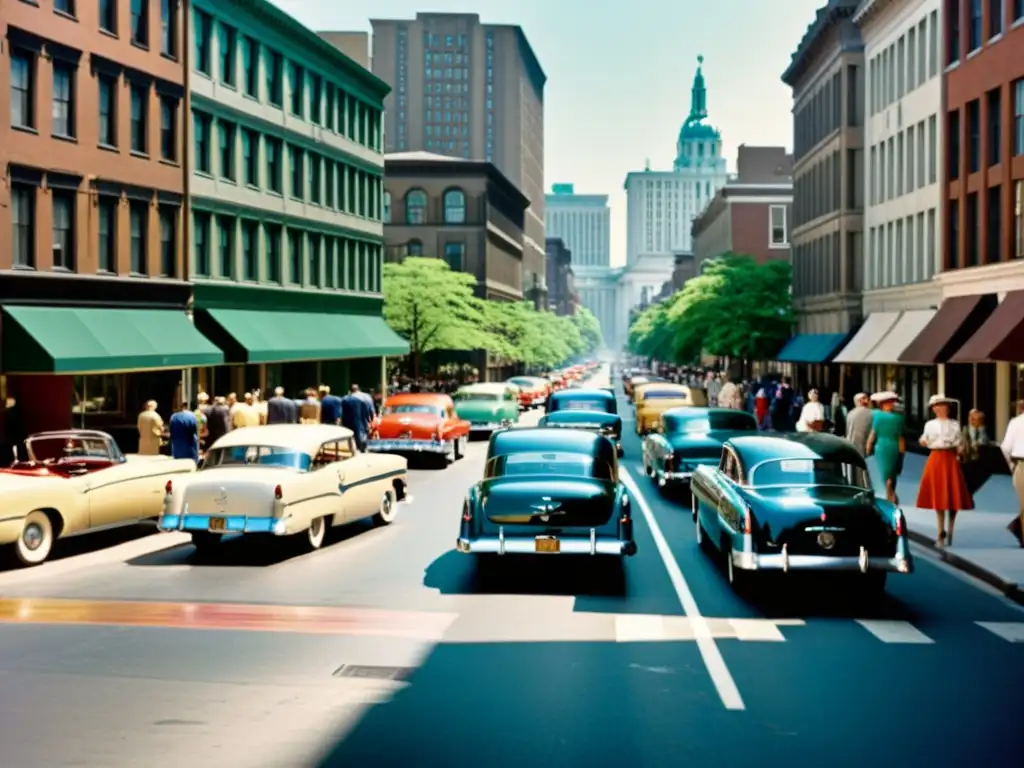 Una animada escena de calle en la ciudad de la década de 1950 con coches antiguos, peatones y edificios históricos