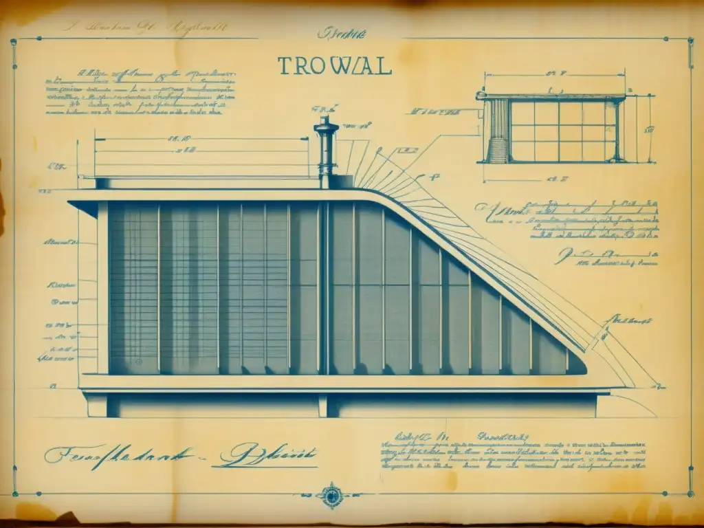 Antecedentes históricos calefacción solar pasiva: Detallado diseño vintage de muro Trombe en sepia, con anotaciones manuscritas y pergamino envejecido