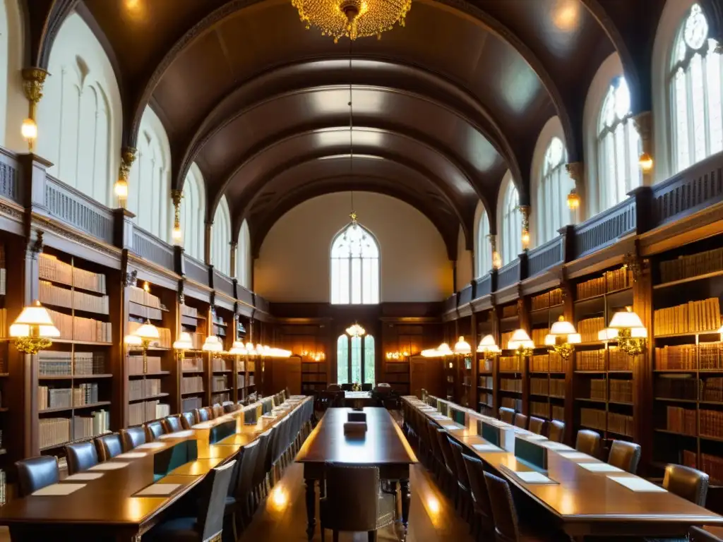 Antigua biblioteca con libros vintage, techos altos y ambiente cálido para espacios colaborativos