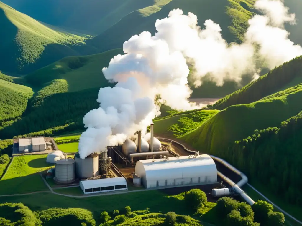 Una antigua central geotérmica en un valle exuberante, con vapor blanco y montañas majestuosas al fondo