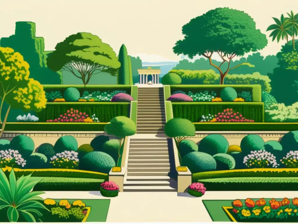 Antigua ilustración de los Jardines Colgantes de Babilonia, con exuberante vegetación y flores vibrantes, y personas maravillándose