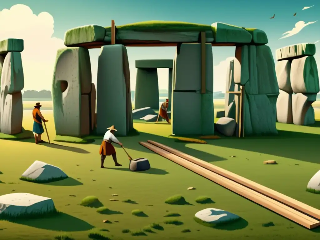 Antigua ilustración de alta resolución de la construcción de Stonehenge con métodos de levantamiento primitivos y detallados