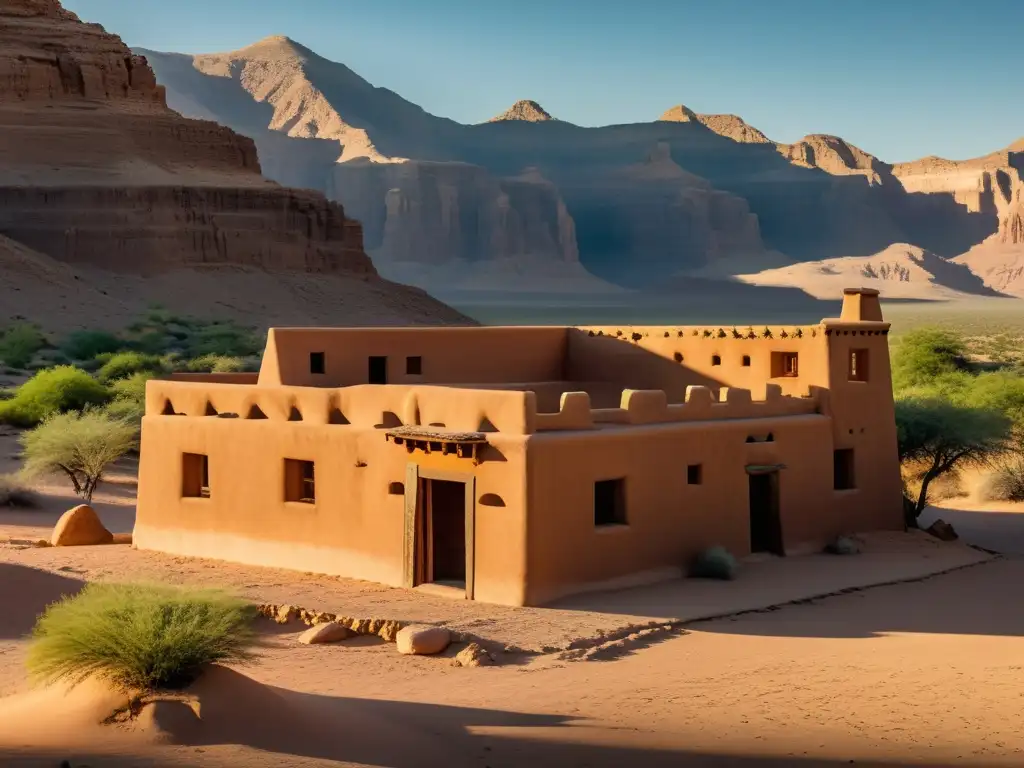 Una antigua construcción de tierra resistente milenaria destaca en el impresionante paisaje desértico, mostrando su durabilidad y belleza atemporal