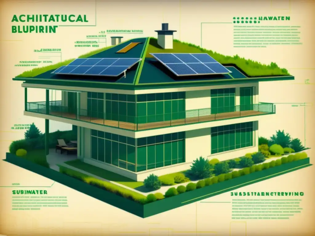 Una antigua y detallada arquitectura sostenible con anotaciones a mano que resaltan los principios básicos de la arquitectura sostenible