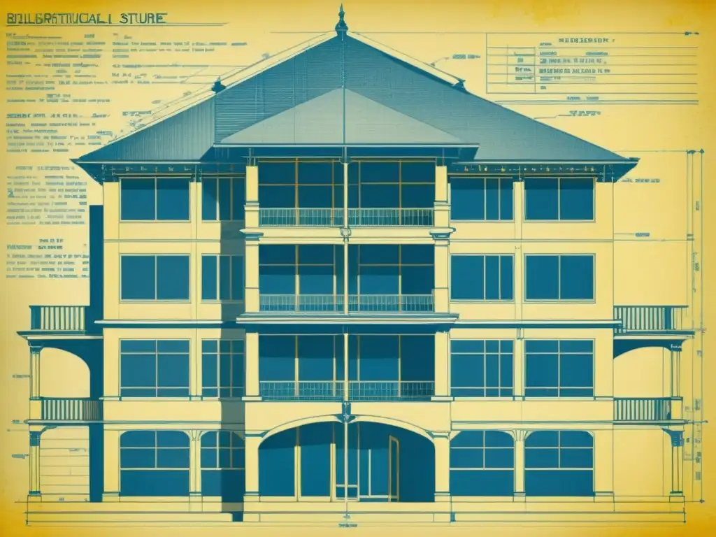 Una antigua y detallada impresión azul de una estructura arquitectónica moderna, mostrando su complejo diseño estructural