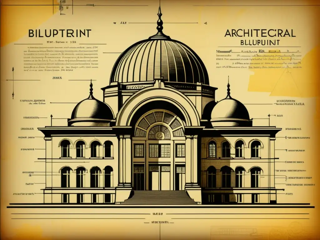 Blueprint vintage: Evolución tecnológica en arquitectura Una antigua y detallada impresión arquitectónica en sepia muestra la evolución del software de diseño arquitectónico, combinando arte y tecnología