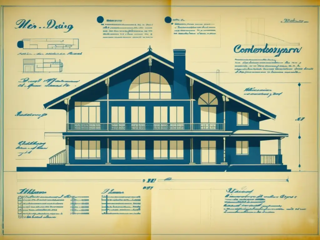 Una antigua y detallada maqueta de arquitectura contemporánea, con anotaciones manuscritas en los márgenes