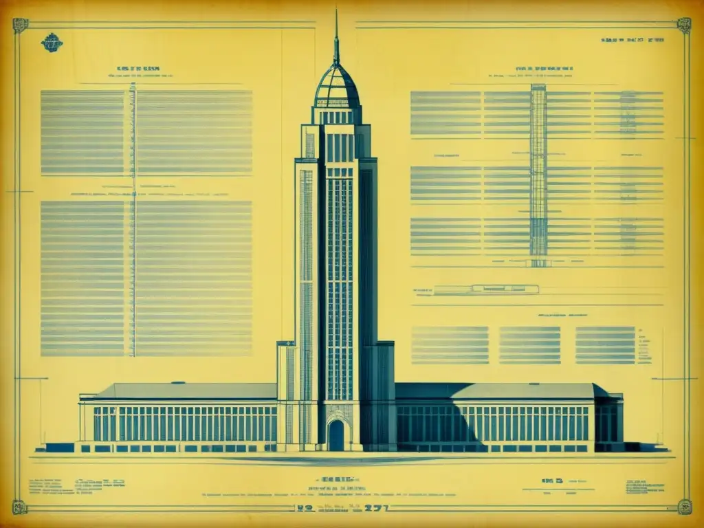 Una antigua y detallada plano arquitectónico de un rascacielos, mostrando la complejidad del mantenimiento