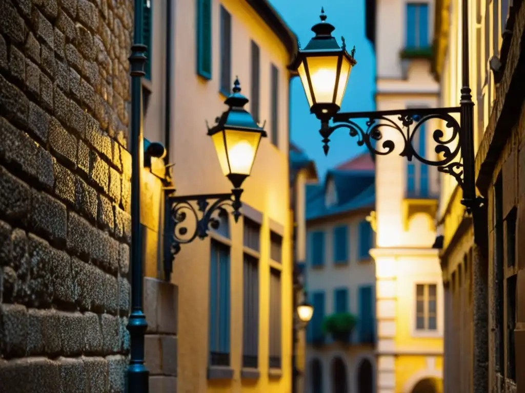 Una antigua farola ilumina un callejón empedrado en una ciudad europea