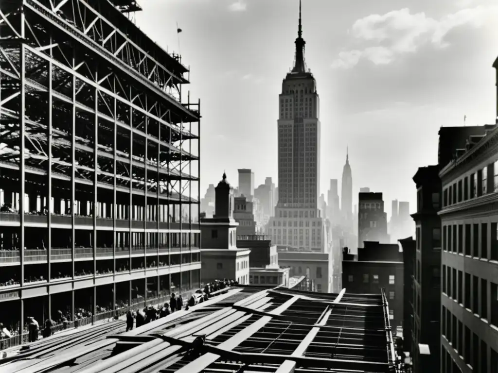 Antigua foto en blanco y negro del Empire State en construcción, reflejando la evolución arquitectónica de Nueva York