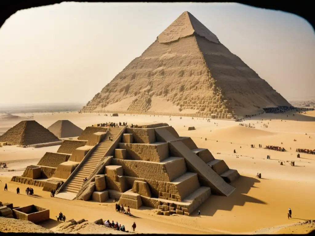 Antigua foto de la construcción de las Pirámides de Giza, destacando la organización social en arquitectura egipcia