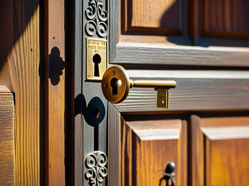 Antigua llave girando en una puerta de madera La antigua llave gira en la cerradura de una puerta de madera, bañada por la cálida luz del sol