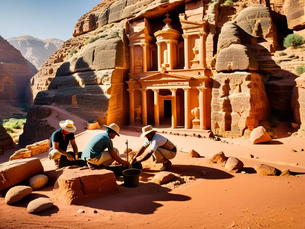 Antiguas técnicas de excavación en Petra: obreros esculpen detalladas arquitecturas en la roca rosada, destacando su maestría