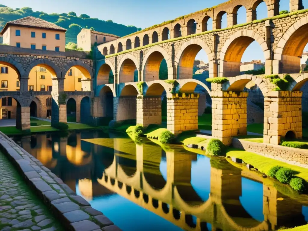 Antiguo acueducto en ciudad histórica, con arcos de piedra cubiertos de musgo y agua fluyendo