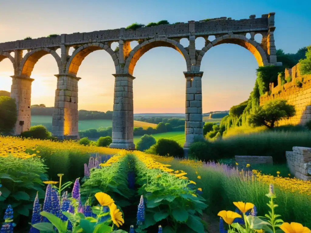 Antiguo acueducto romano en paisaje impresionante, con arcos y columnas tallados, bañados por el cálido atardecer