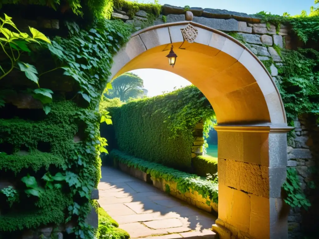 Un antiguo arco de piedra adornado con intrincadas tallas, envuelto en vegetación exuberante