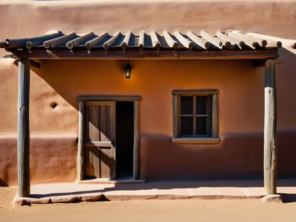 Una fotografía de alta resolución de un antiguo edificio de adobe, con detalles intrincados de las paredes de tierra y vigas de madera envejecida