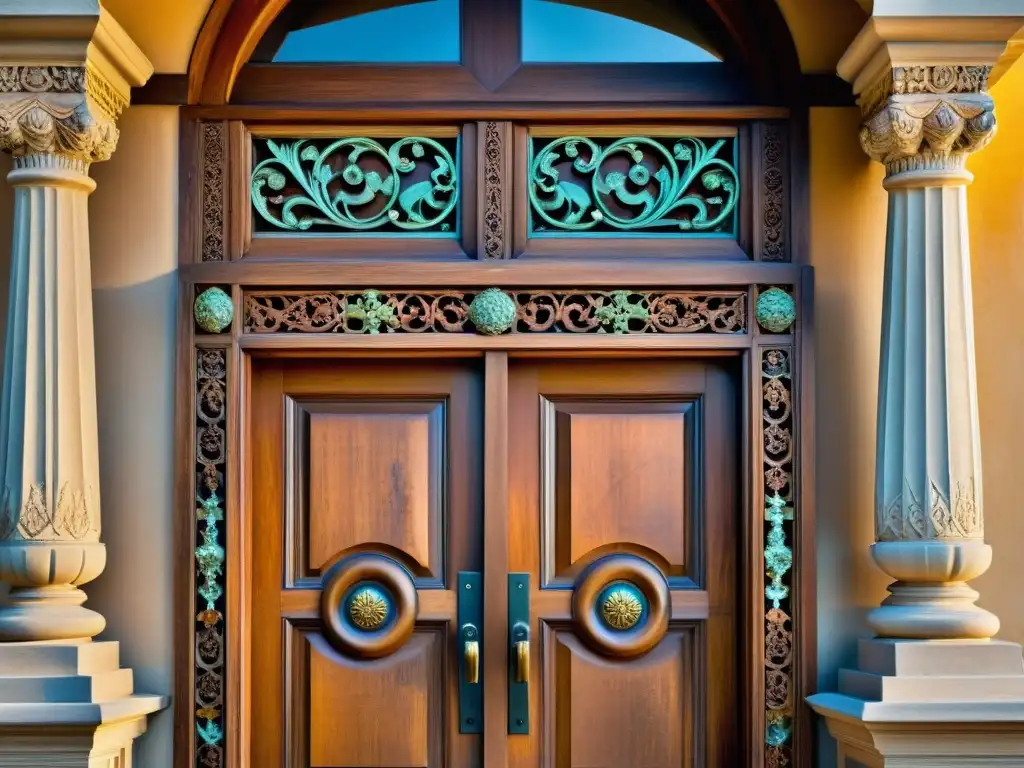 Un antiguo y elaborado portal con detallados adornos de madera y hierro forjado, bañado por la cálida luz del sol