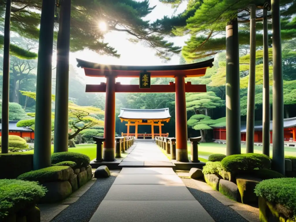 Antiguo torii de piedra en entrada de santuario Shinto, con luz solar entre árboles, sombras largas y shimenawa