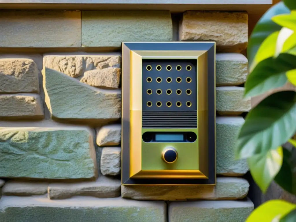 Un antiguo intercomunicador de latón en una pared de piedra histórica