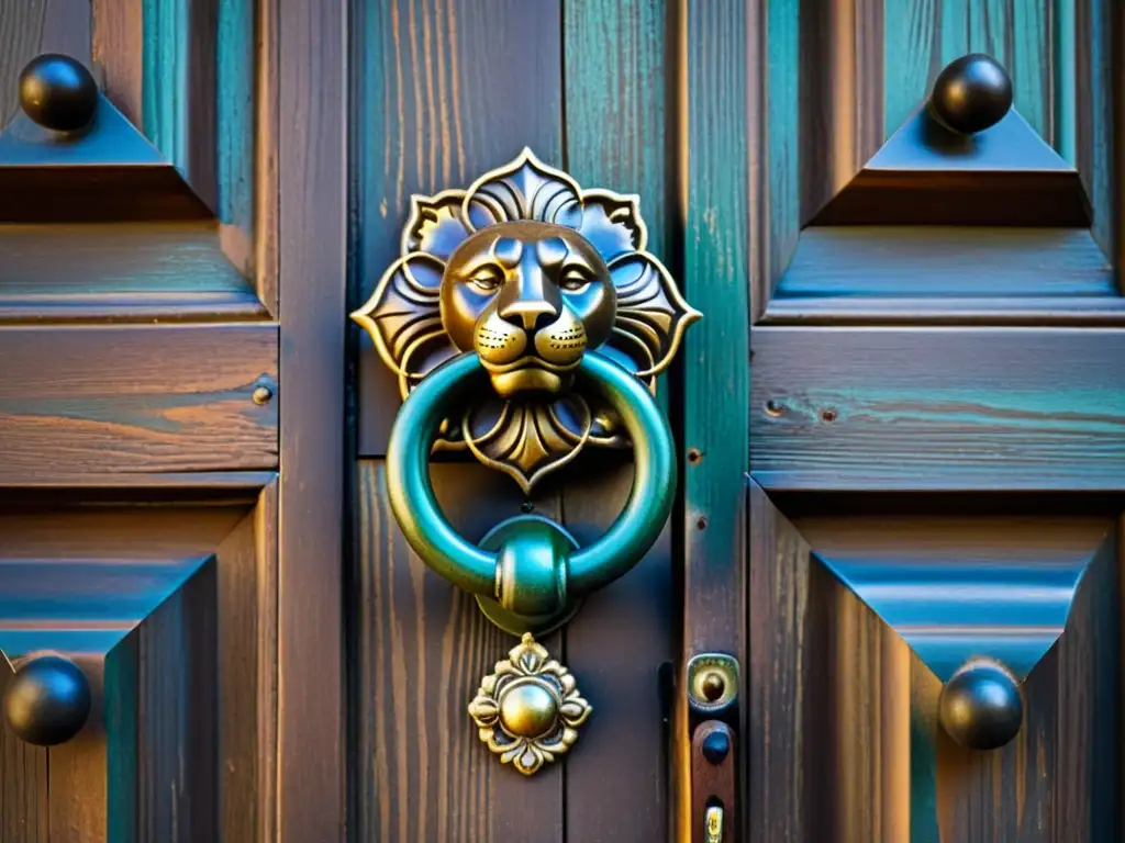 Un antiguo llamador de puerta con detalles florales y patina, evocando historia y artesanía