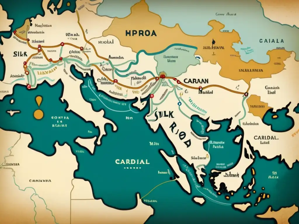 Un antiguo mapa dibujado a mano de la Ruta de la Seda, con tonos terrosos y delicada caligrafía, evocando maravillas arquitectónicas